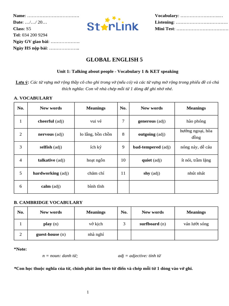 Foreign Teacher - s5 - w1 - U1 - Vocabulary 1 & Ket Speaking | PDF