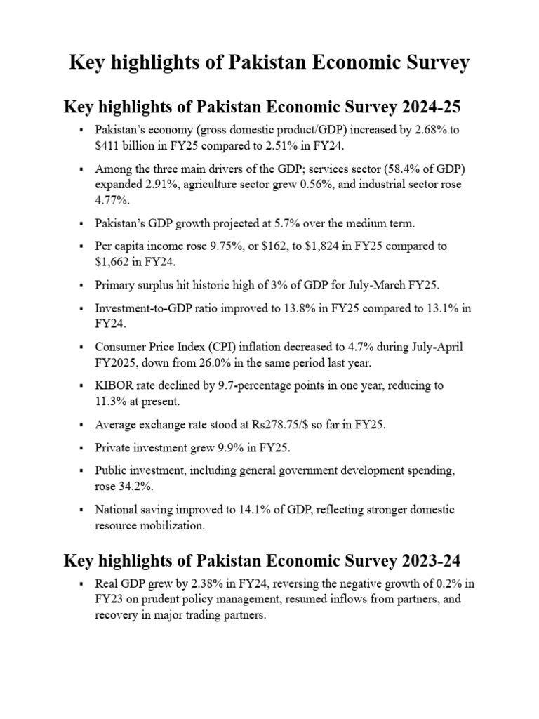 Key Highlights of Pakistan Economic Survey 2024-25 | PDF | Gross ...