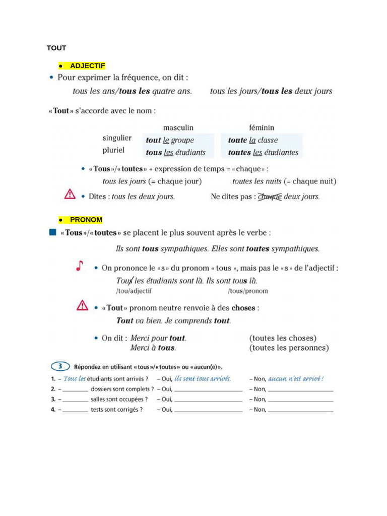 Exercices sur le mot "tout" en français | PDF