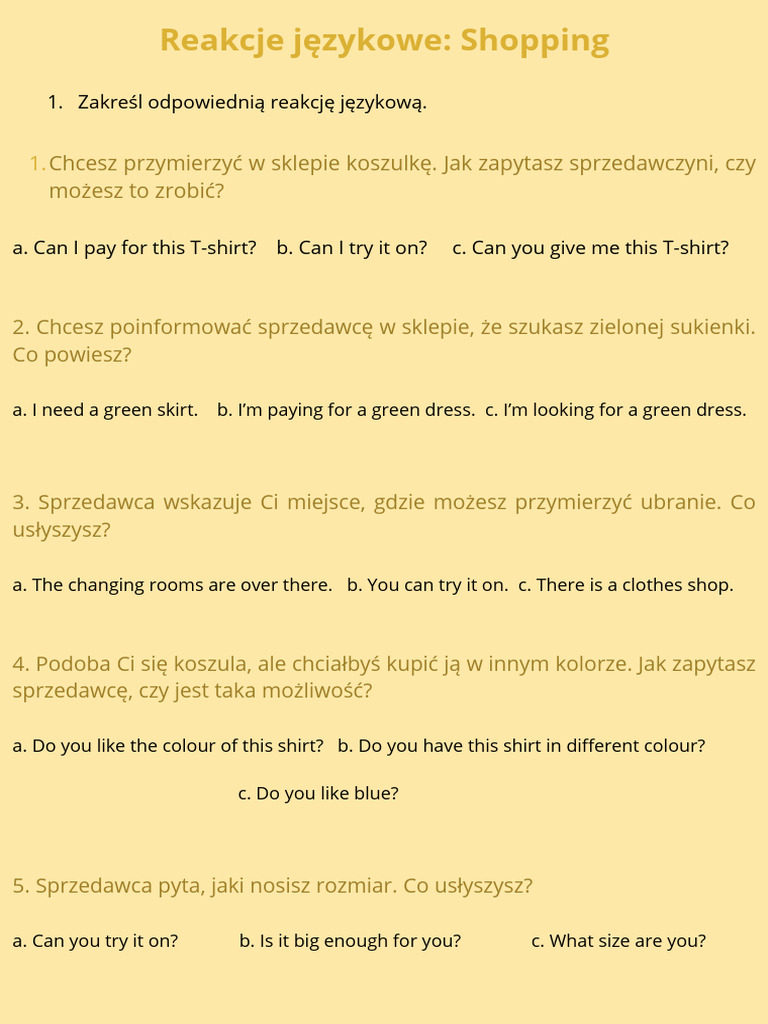 Reakcje Językowe Shopping | PDF