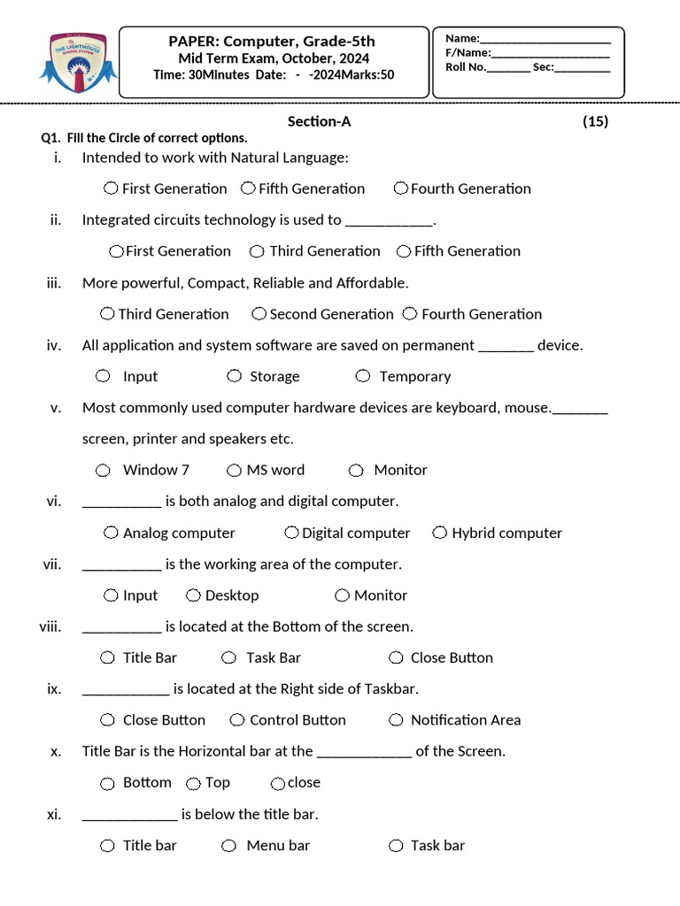 Grade 5 Computer Mid Term Exam 2024 | PDF | Window (Computing ...