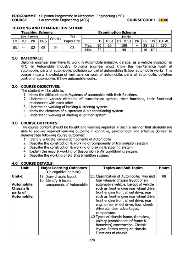 Diploma in Automobile Engineering Course | PDF | Axle | Steering
