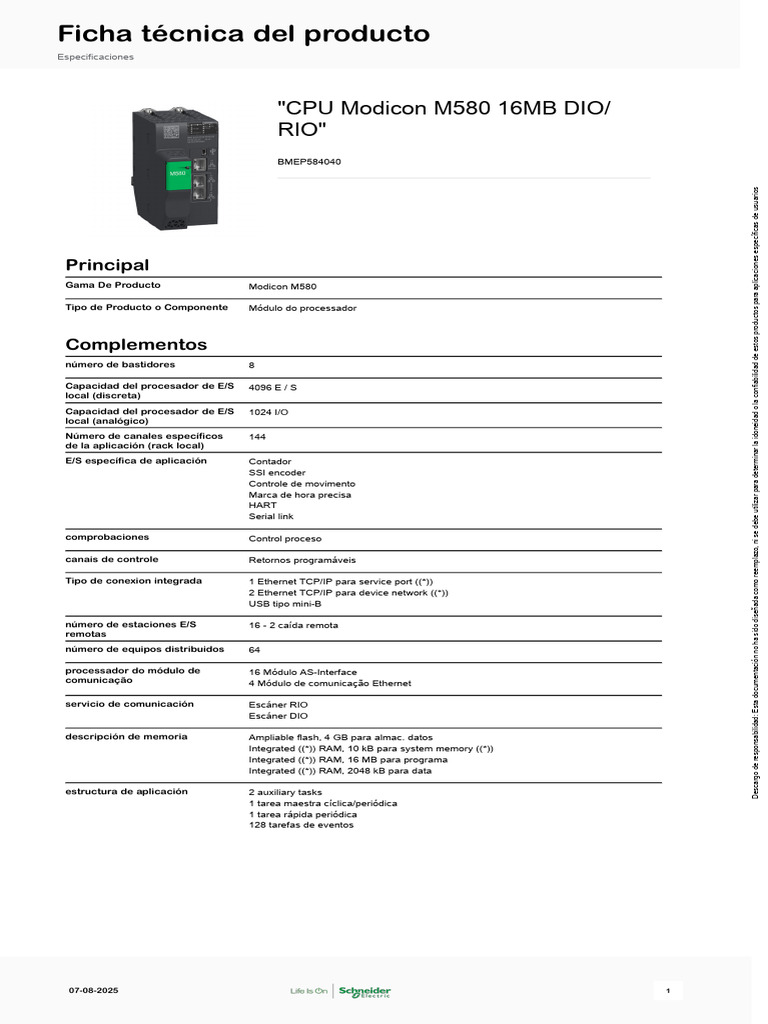 CPU Modicon M580 BMEP584040 Especificaciones | PDF | Memoria de acceso ...