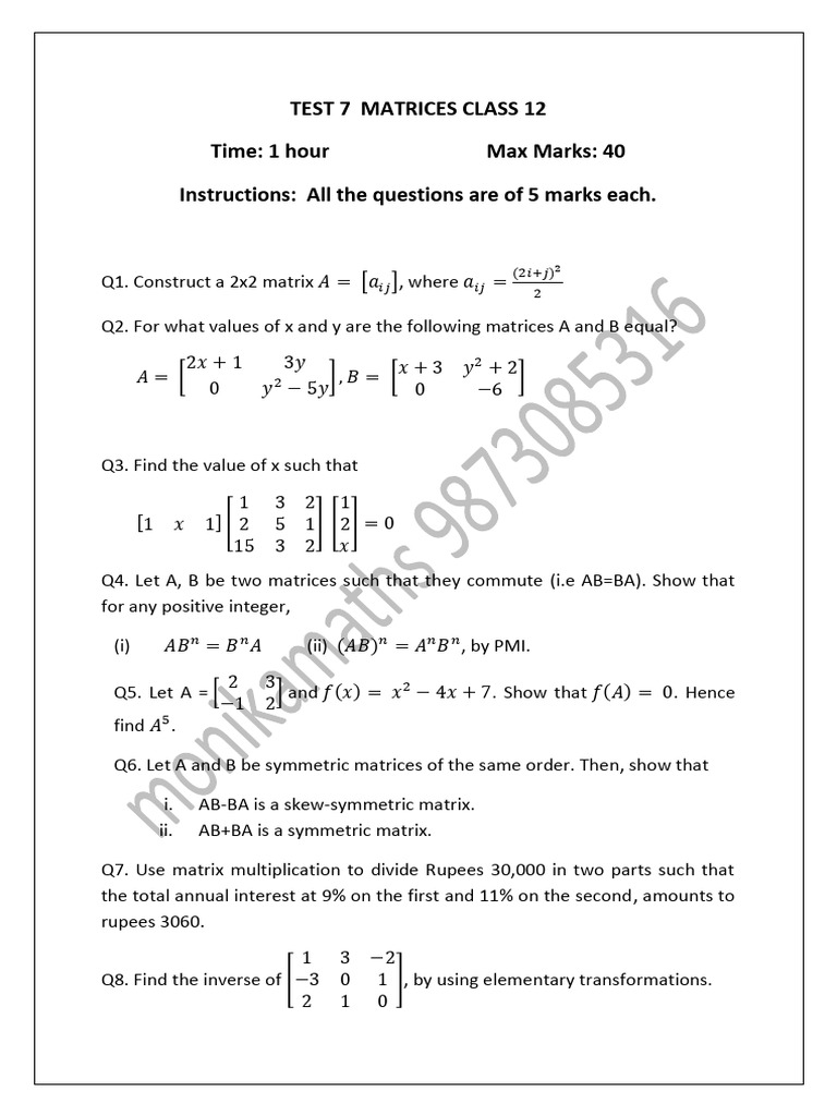 Test 7 Matrices | PDF