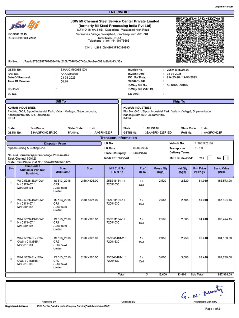 Tamil Nadu GST Invoice for JSW Steel | PDF | Payments | Invoice