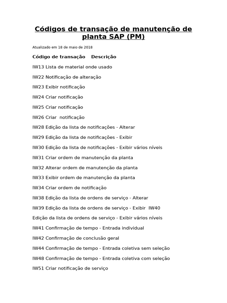 Códigos de Transação SAP PM | PDF