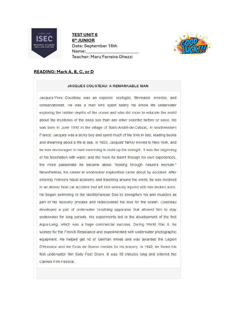6th Grade Test Unit 6 Instructions | PDF