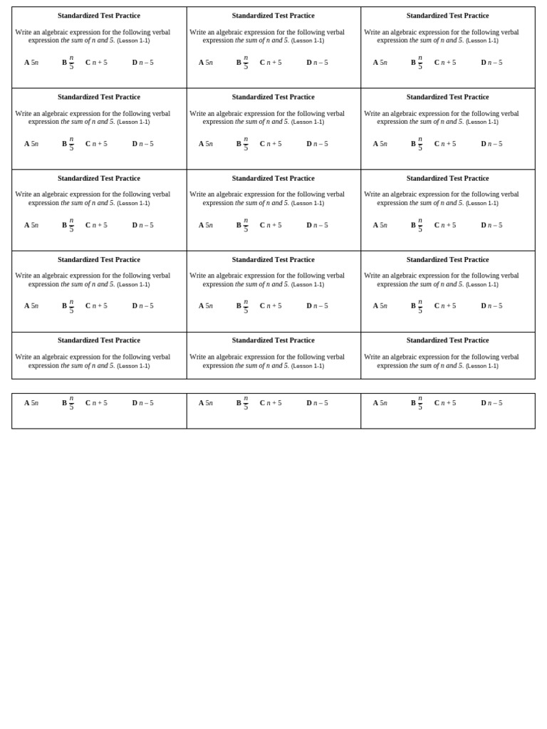1-1 Standardized Test Practice | PDF | Algebra | Mathematics