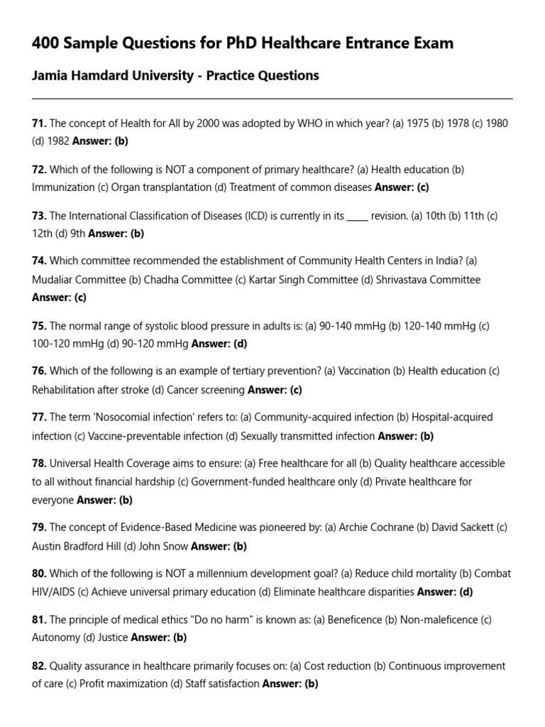 400 Sample Questions For PHD Healthcare Entrance Exam - Jamia Hamdard ...