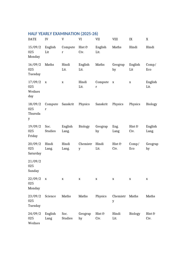Half Yearly Exam Schedule 2025-26 | PDF