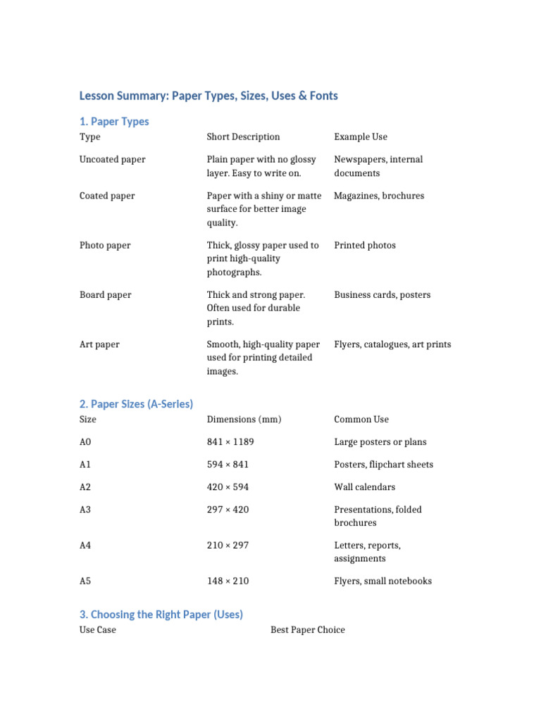 Paper Types, Sizes, Uses & Fonts Guide | PDF | Paper | Typefaces