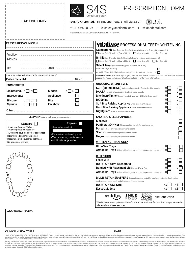 Custom Dental Appliances Prescription Form | PDF | Dentistry Branches