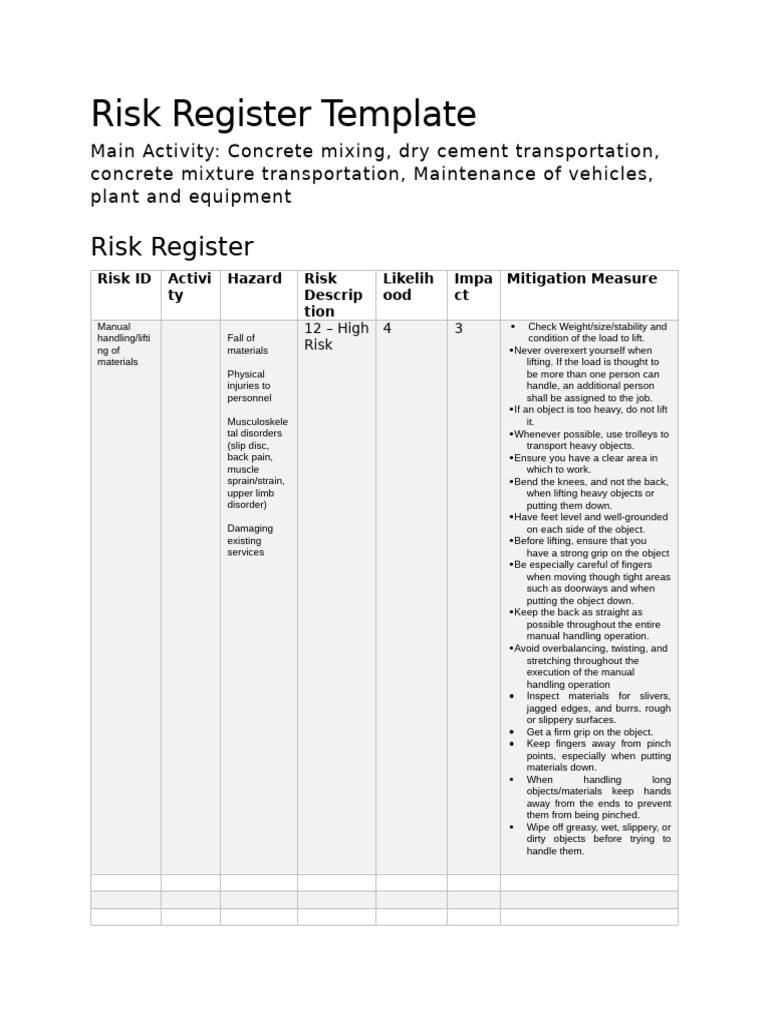 Concrete Mixing Risk Register Template | PDF | Musculoskeletal System