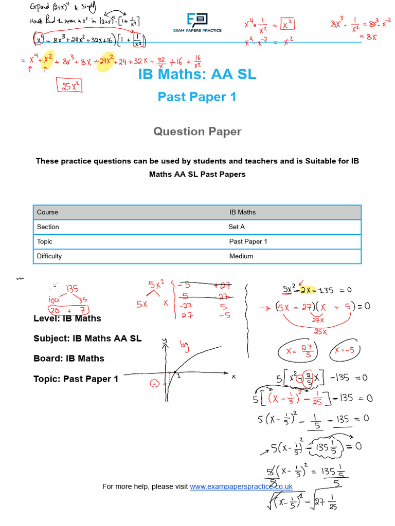 IB Maths AA SL Past Paper 1 Questions | PDF