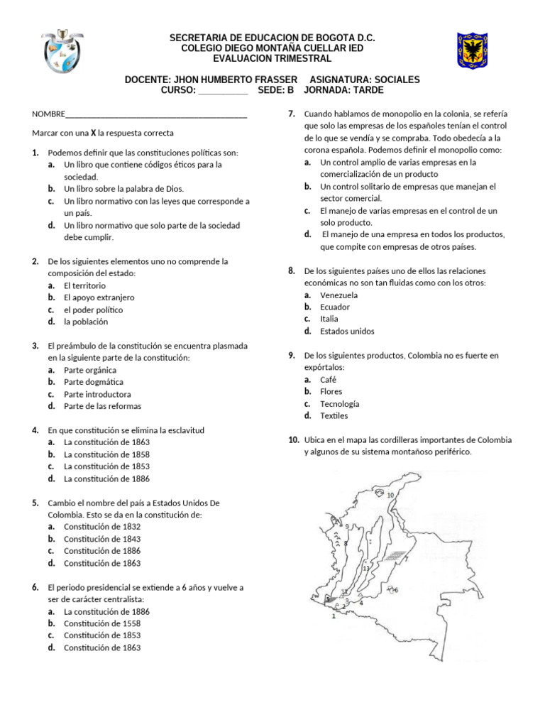 Evaluación Trimestral de Sociales 2023 | PDF | Colombia