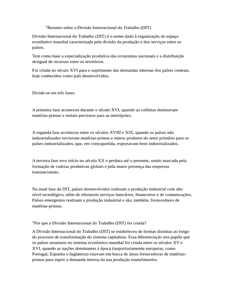 Divisão Internacional do Trabalho: Fases e Funções | PDF | Inteligência ...