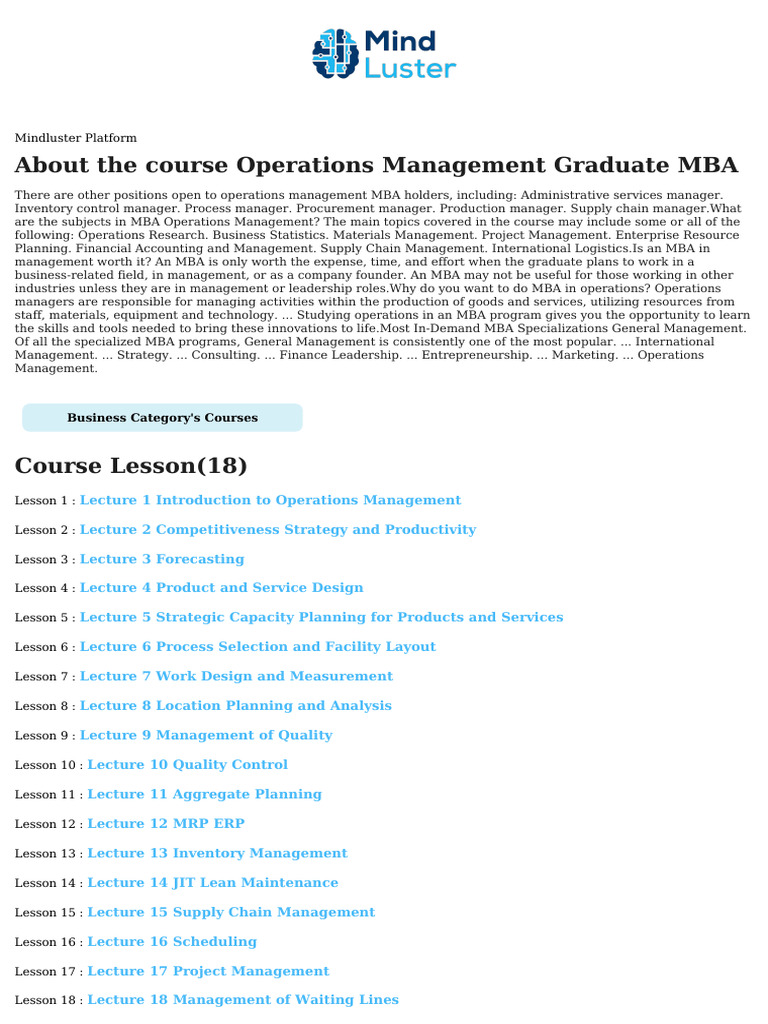 Operations Management Graduate MBA Course Content | PDF | Operations ...