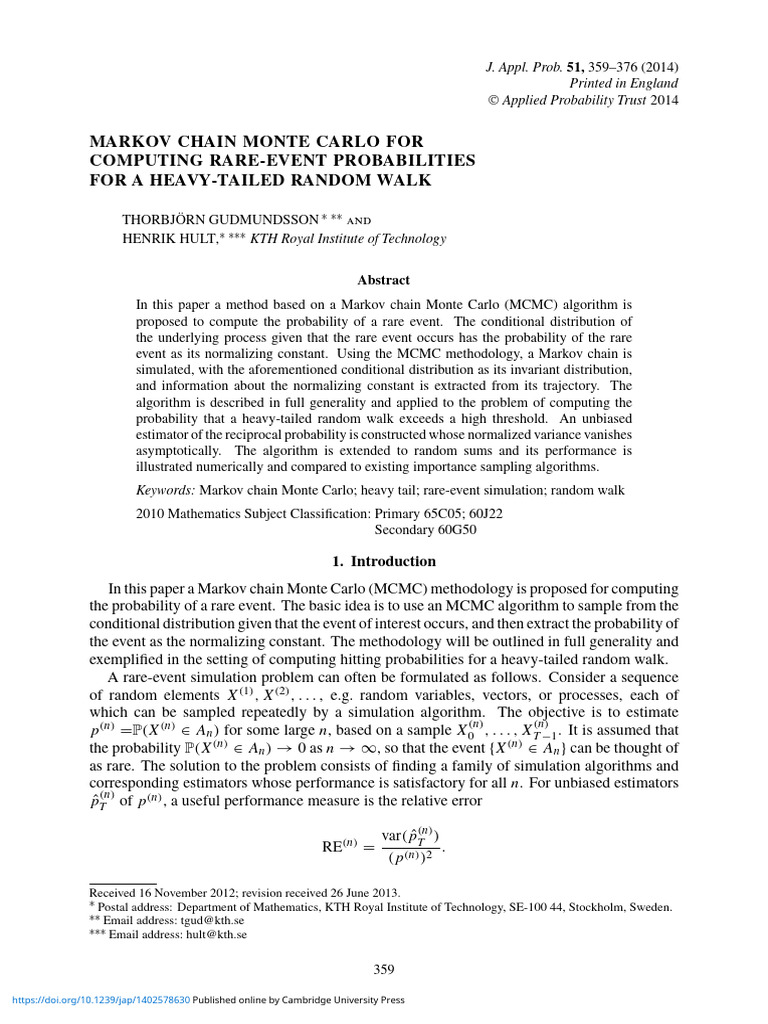 Markov Chain Monte Carlo For Computing Rare Event Probabilities For A ...