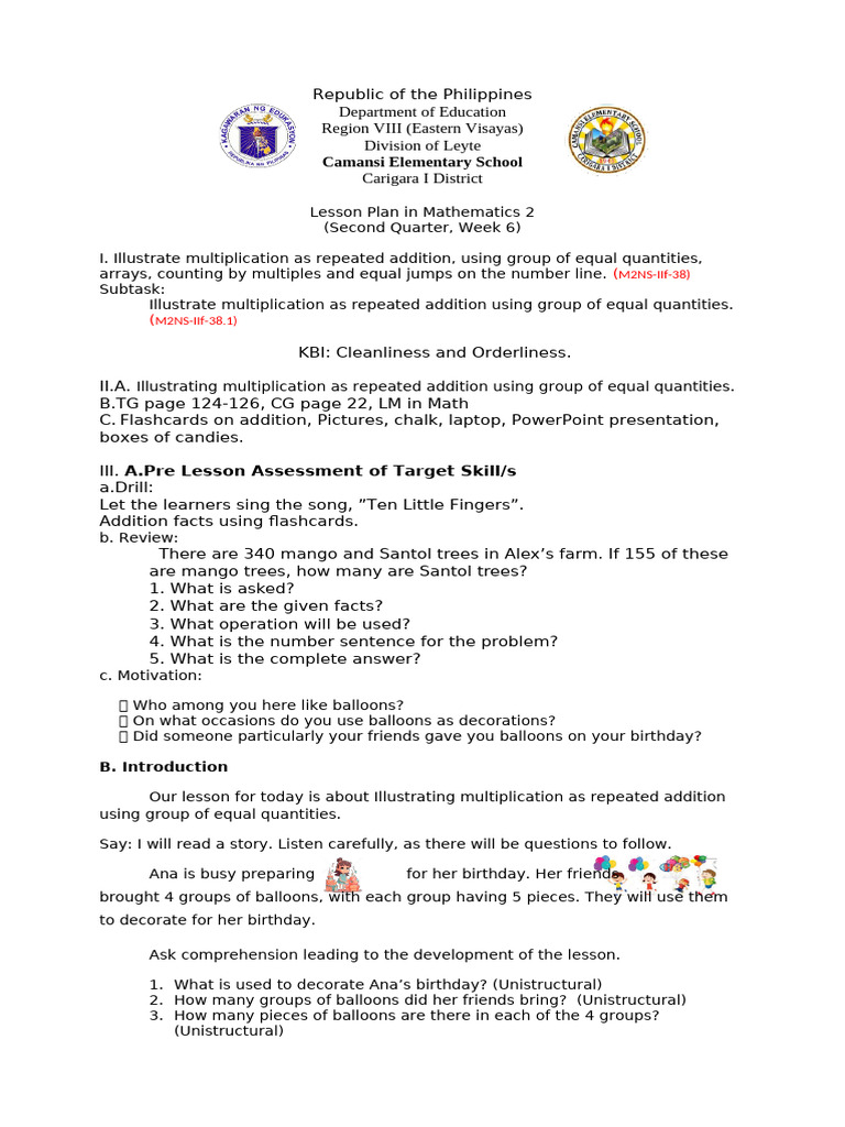 Grade 2 Multiplication Lesson Plan | PDF | Multiplication | Learning