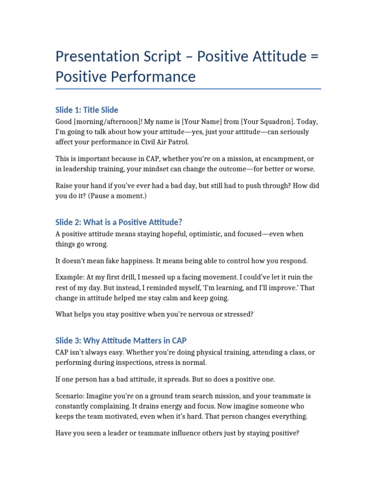 Positive Attitude Presentation Script | PDF | Psychology ...