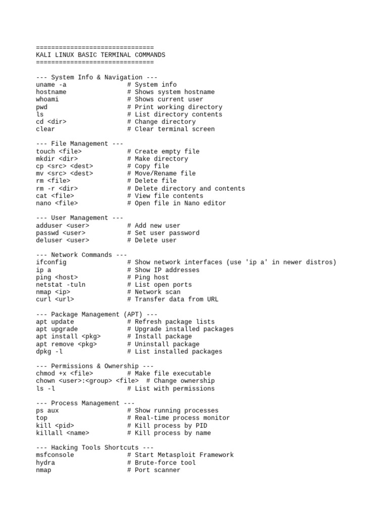 Basic Kali Linux Terminal Commands | PDF