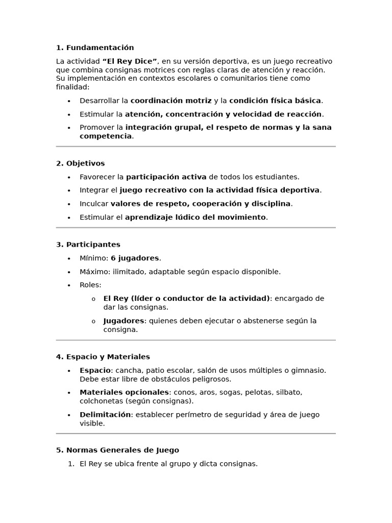 El Rey Dice: Juego Deportivo y Educativo | PDF