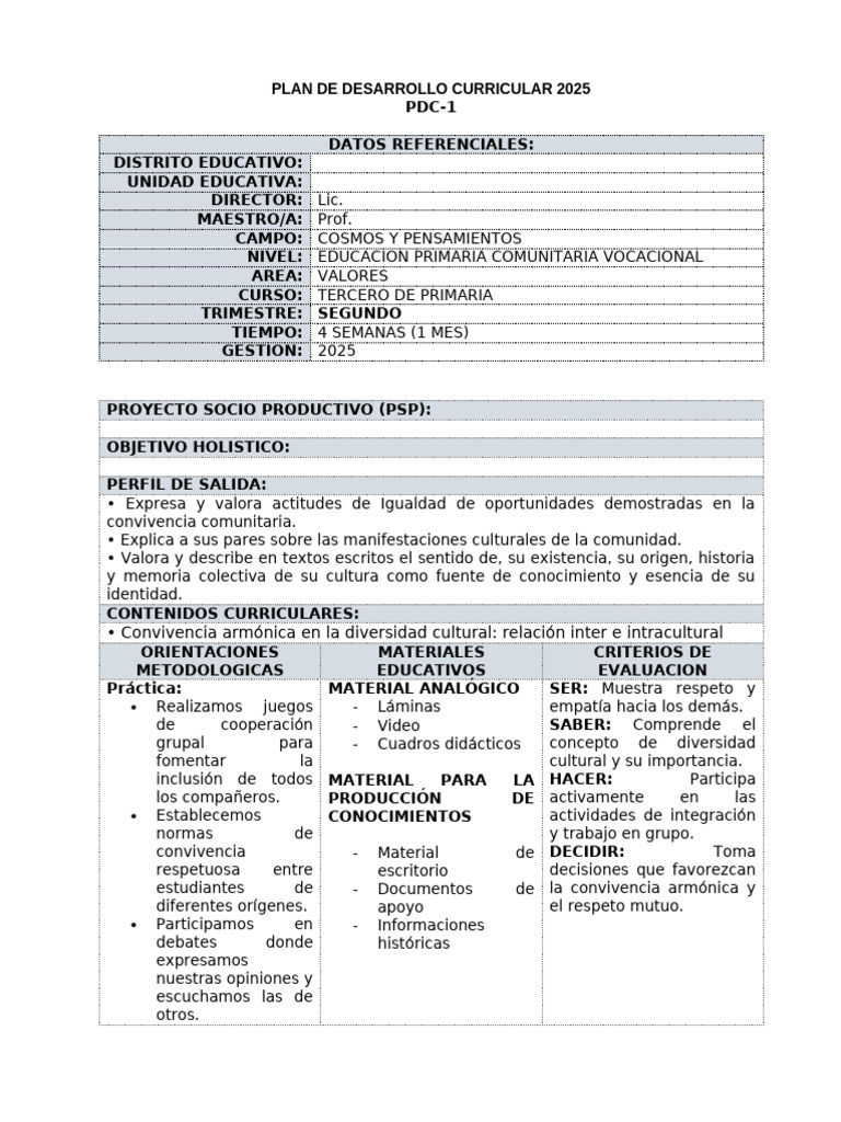 Plan Curricular 2025: Educación Valores | PDF | Plan de estudios | Los ...