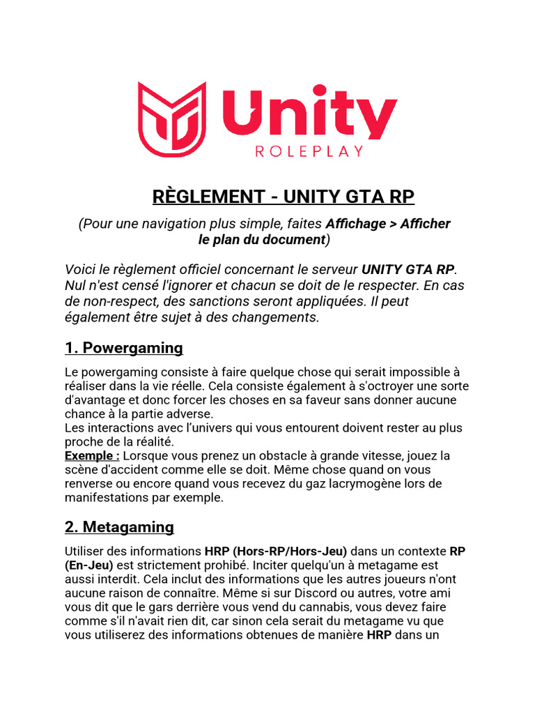 Règlement du Serveur Unity GTA RP | PDF