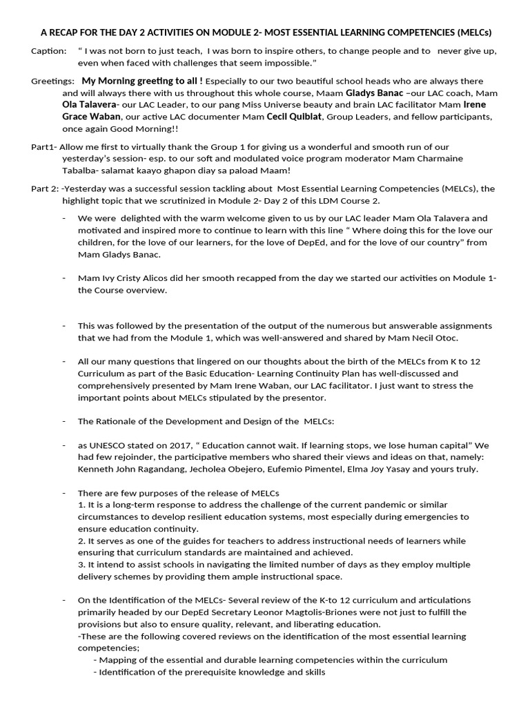 A Recap For The Day 2 Activities On Module 2 | PDF | Learning | Curriculum