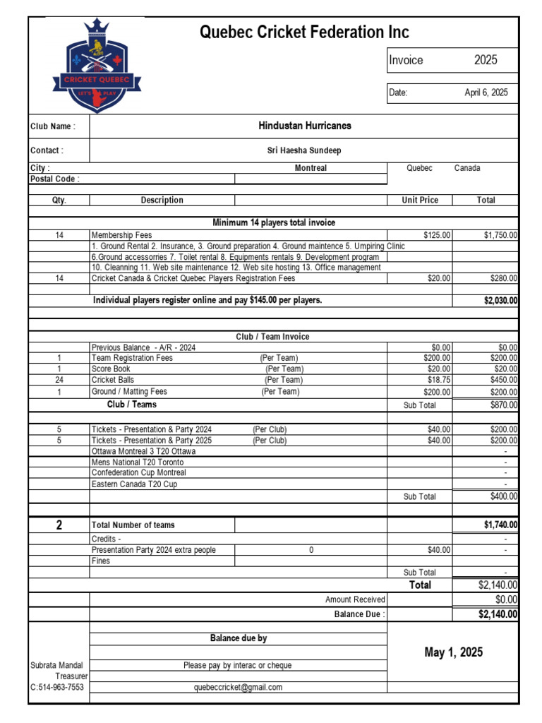 Quebec Cricket Federation Invoice 2025 | PDF | Athletic Sports | Summer ...