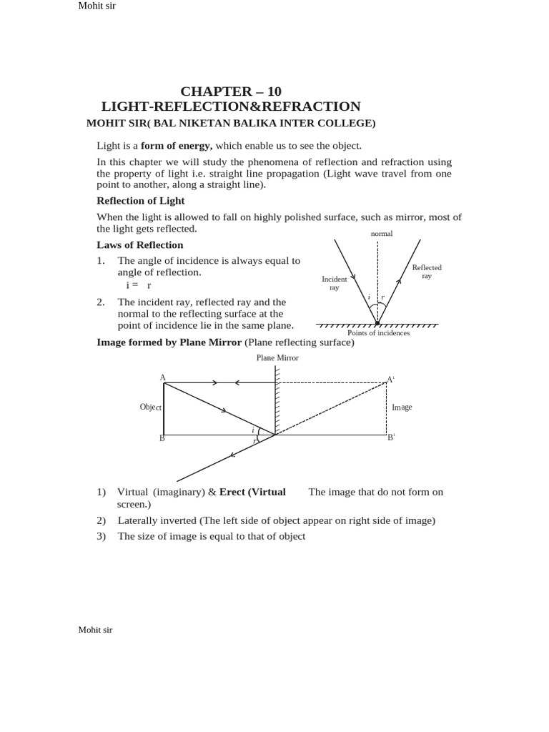10 Science Notes 10 Light Reflection and Refraction 1 | PDF | Mirror ...