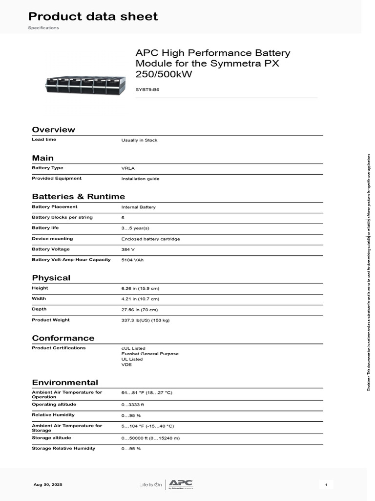 APC SYBT9-B6 Battery Specifications | PDF | Materials