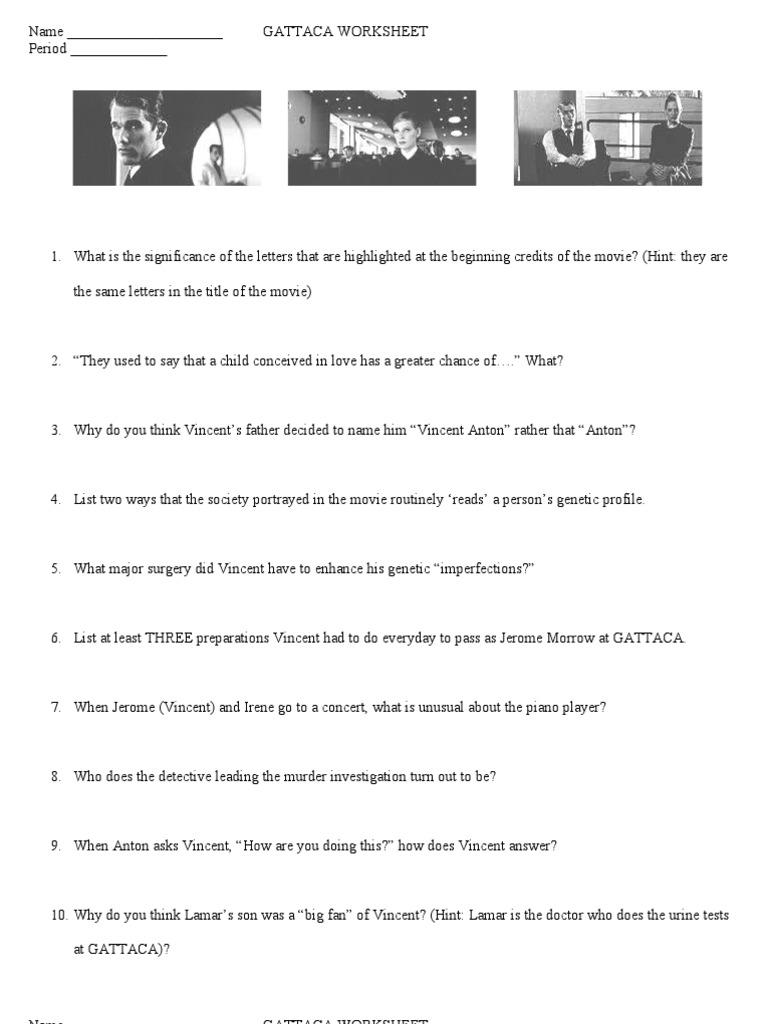 GATTACA Worksheet 1 PDF Cloning Genetics