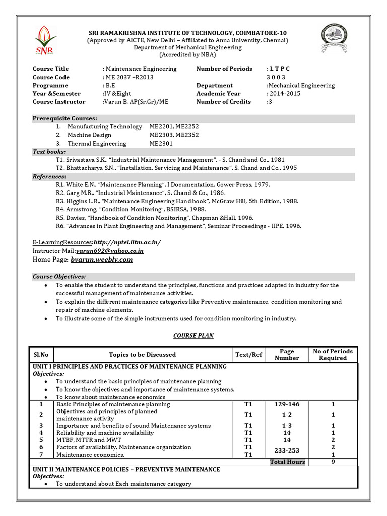 Maintenance Engineering Course Overview | PDF | Engineering ...