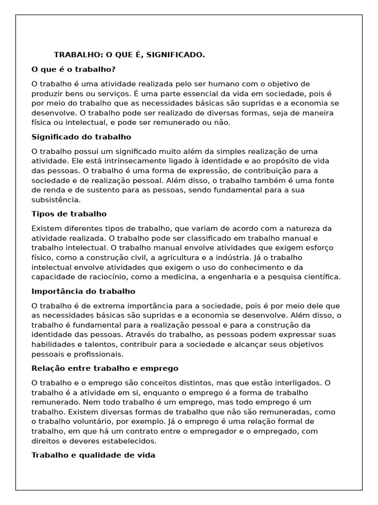 O Que é Trabalho: Definição e Importância | PDF | Emprego ...
