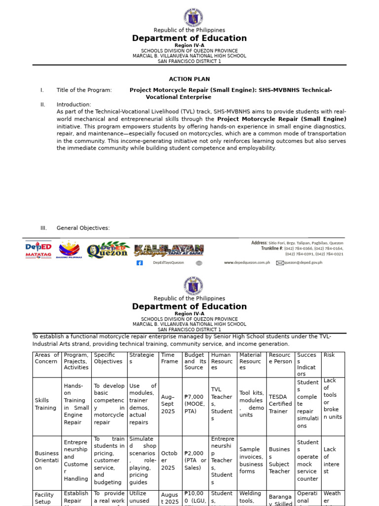 ACTION PLAN Project Motorcycle Repair | PDF