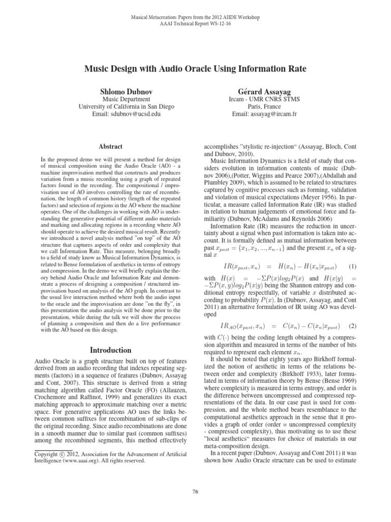 Music Composition with Audio Oracle | PDF | Markov Chain | Data Compression