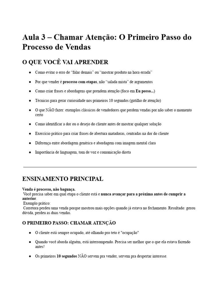 Aula 3 - Chamar Atenção - O Primeiro Passo Do Processo de Vendas | PDF ...