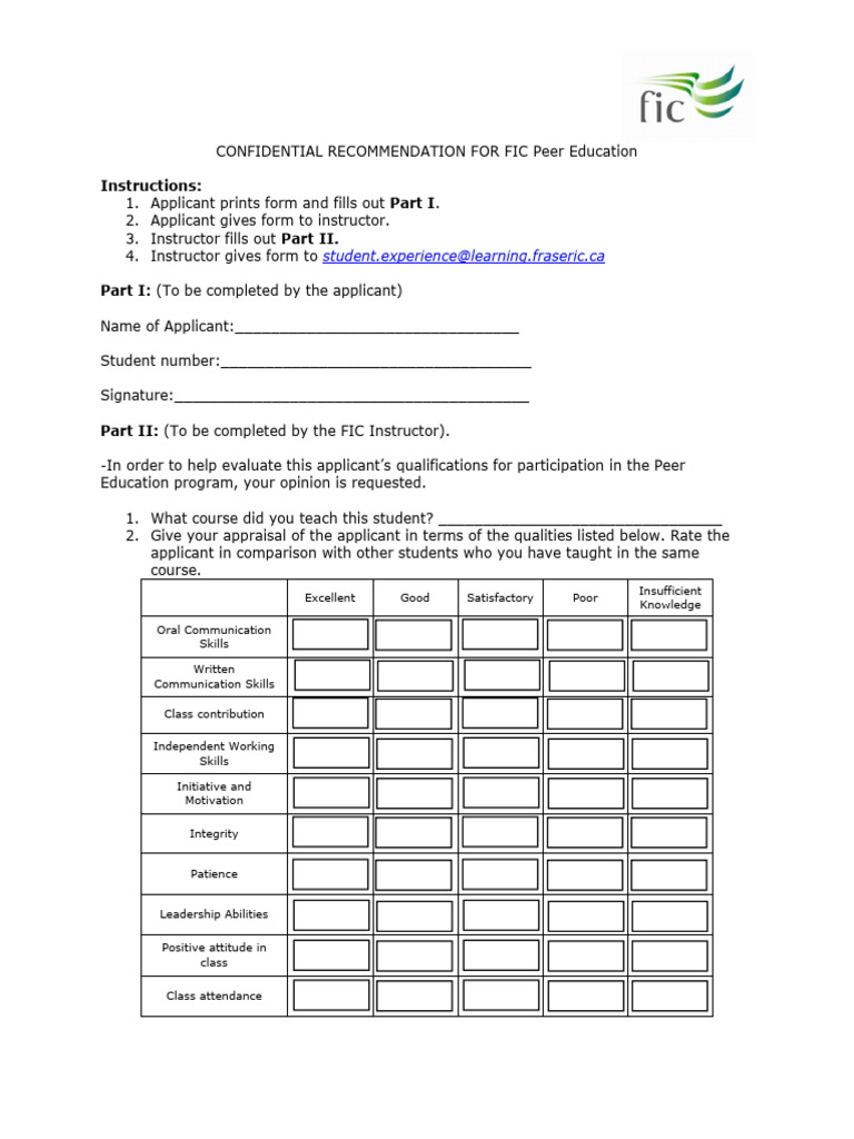 FIC Peer Education Recommendation Form | PDF