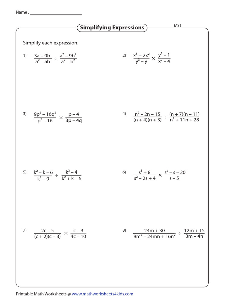 Algebra Simplifying Expressions Product Quotient Moderate All Key | PDF ...