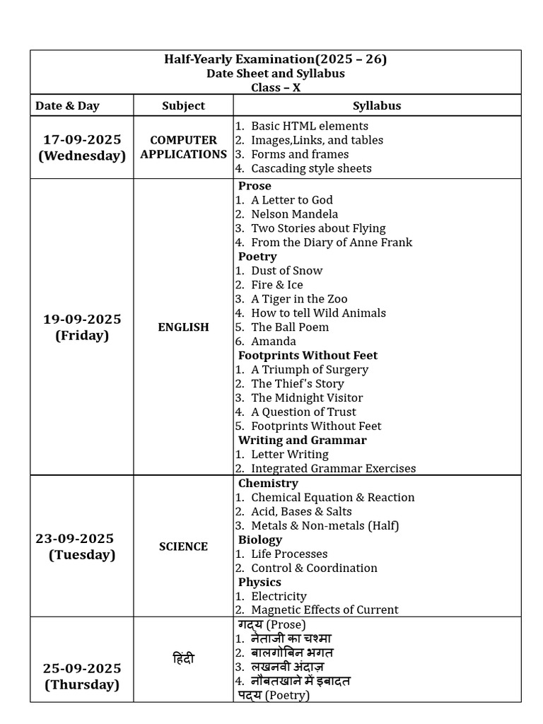 Class X Half-Yearly Exam 2025-26 Schedule | PDF | Equations | Mathematics