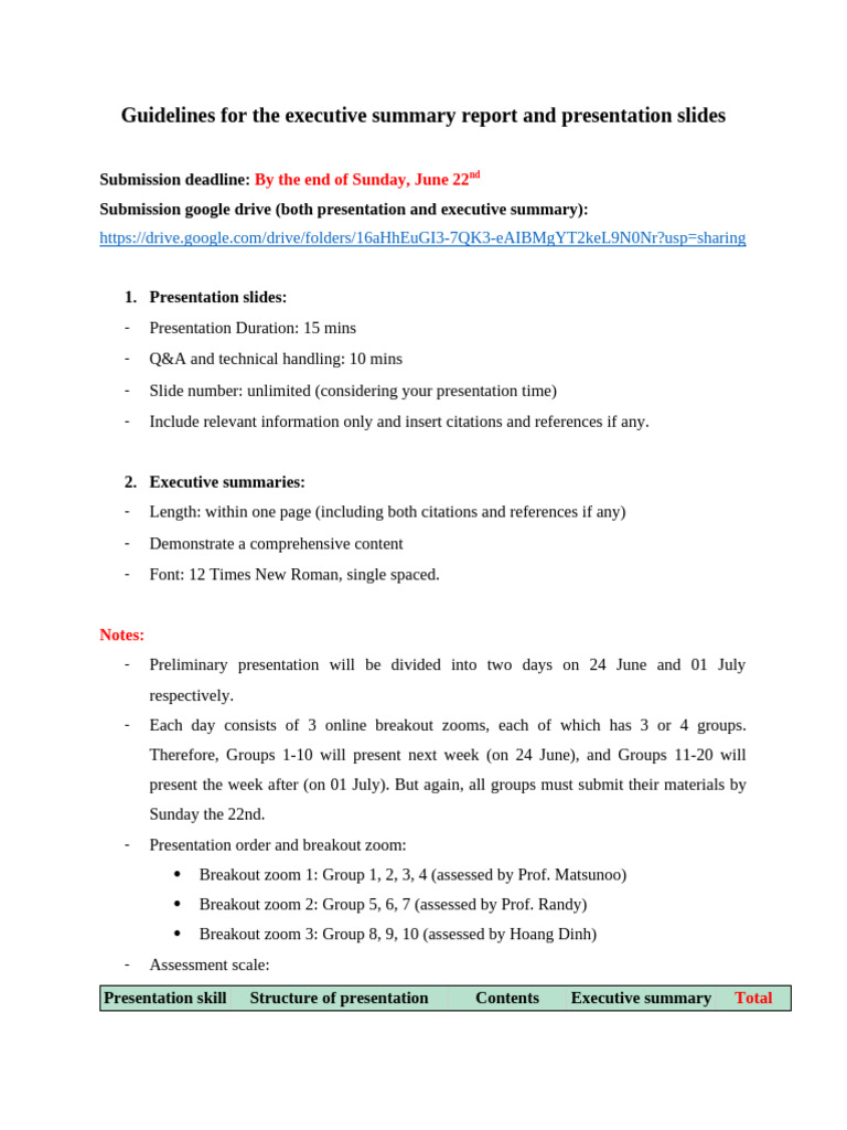 Executive Summary & Presentation Guidelines | PDF