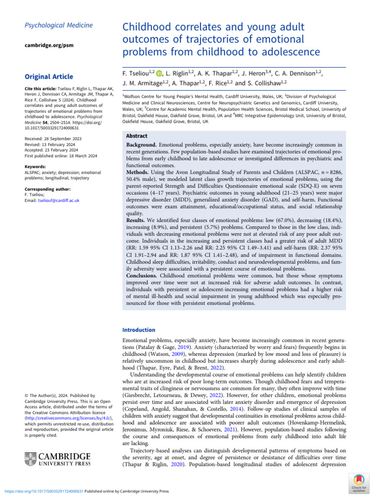 Childhood Correlates and Young Adult Outcomes of Trajectories of ...