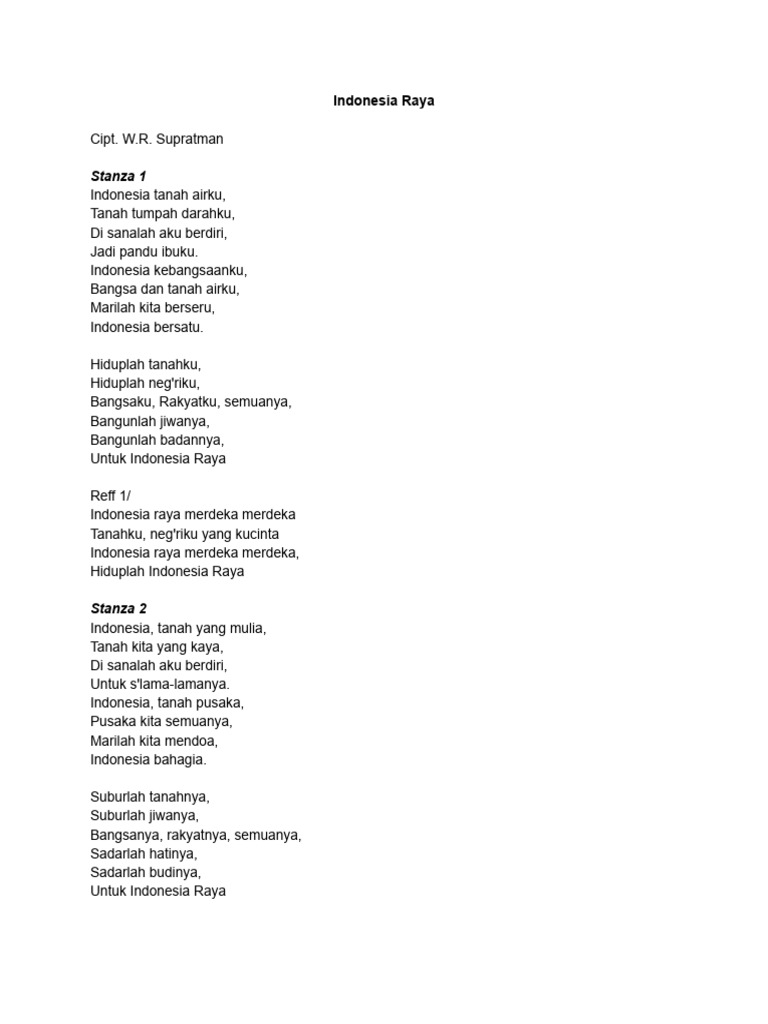 Lirik Lagu Indonesia Raya oleh W.R. Supratman | PDF