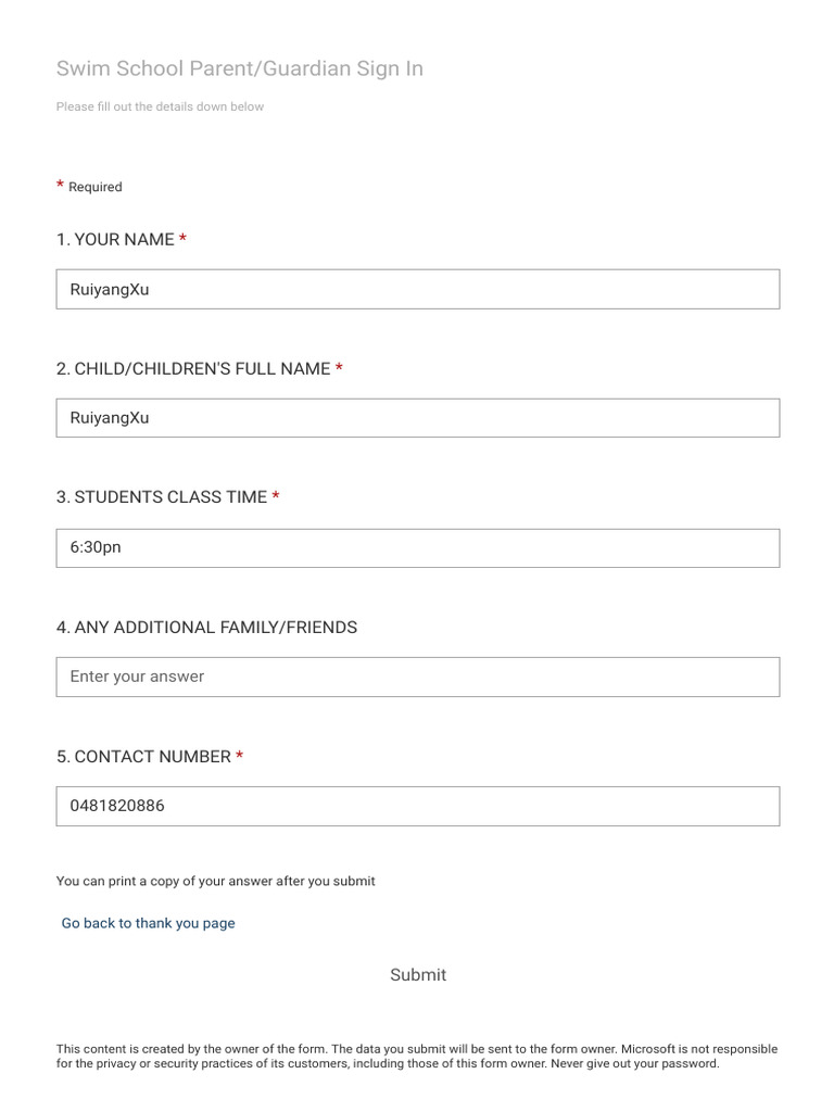 Swim School Sign-In Form | PDF