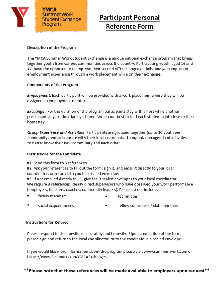 YMCA Summer Work Reference Form | PDF | Social Psychology