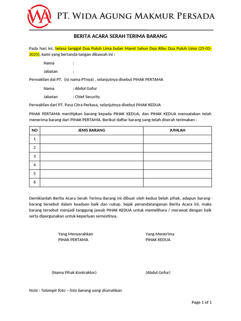 Format Berita Acara Serah Terima Barang | PDF