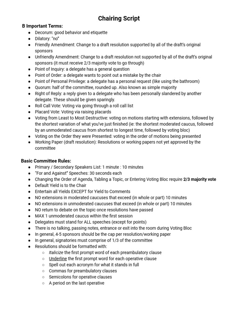 NEW - Chairing Script | PDF | Parliamentary Procedure | Meetings