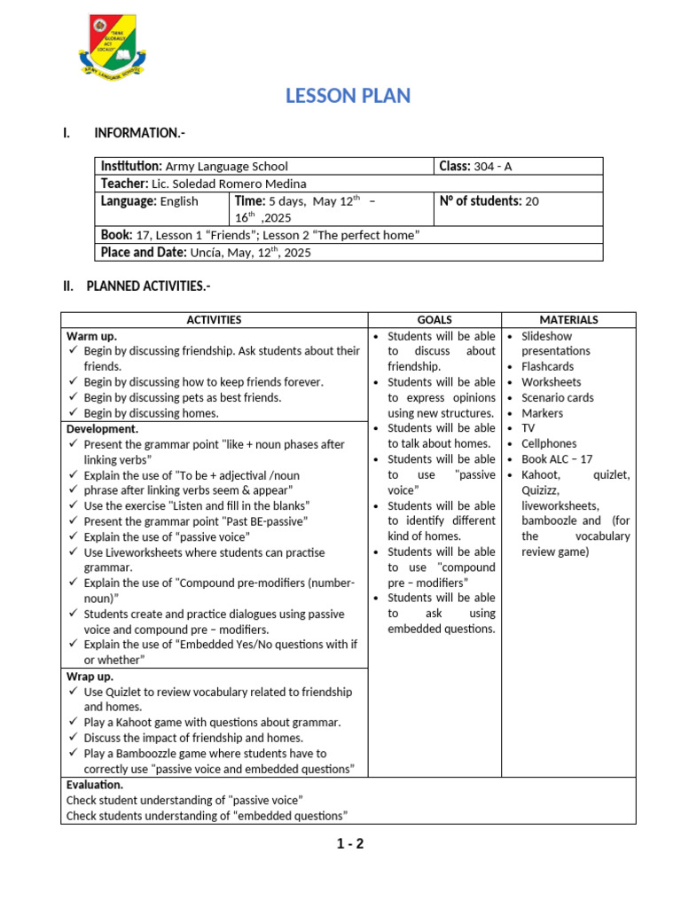 English Lesson Plan on Friendship & Homes | PDF | Verb | Semantic Units