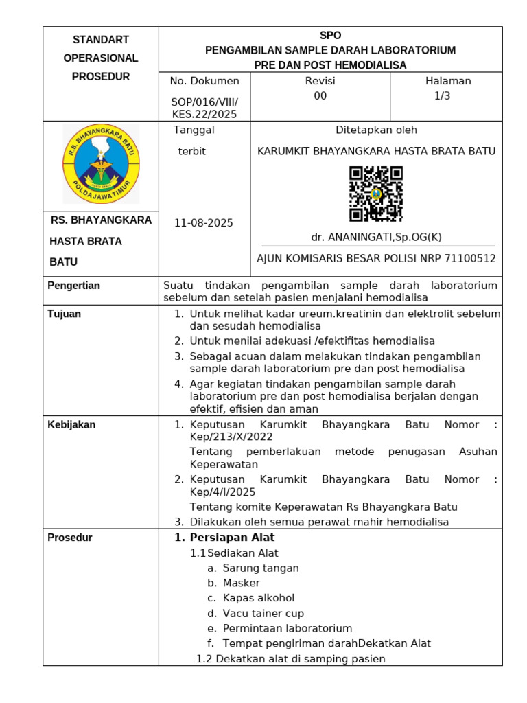Prosedur Pengambilan Sample Darah Hemodialisa | PDF